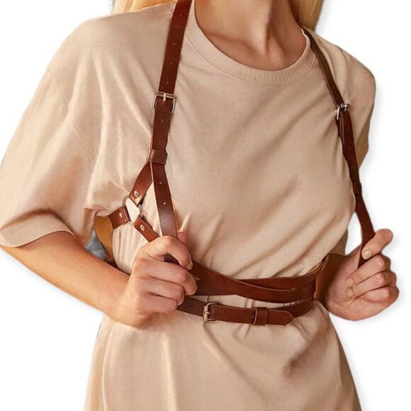 Brown  Body Harnes Adjustable Multi Waist Wrap Chest Harness Belt - Picture 1 of 4